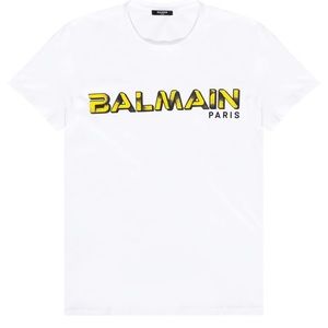Balmain White Large Graphic Logo Print Cotton Crewneck T-shirt